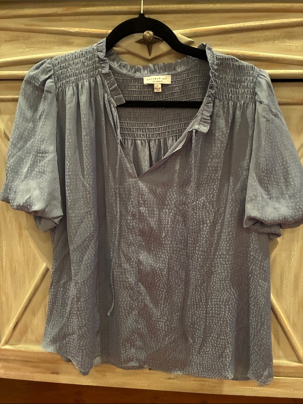 cupcakes & cashmere Dusty Blue Smocked Yoke Short Sleeve Blouse